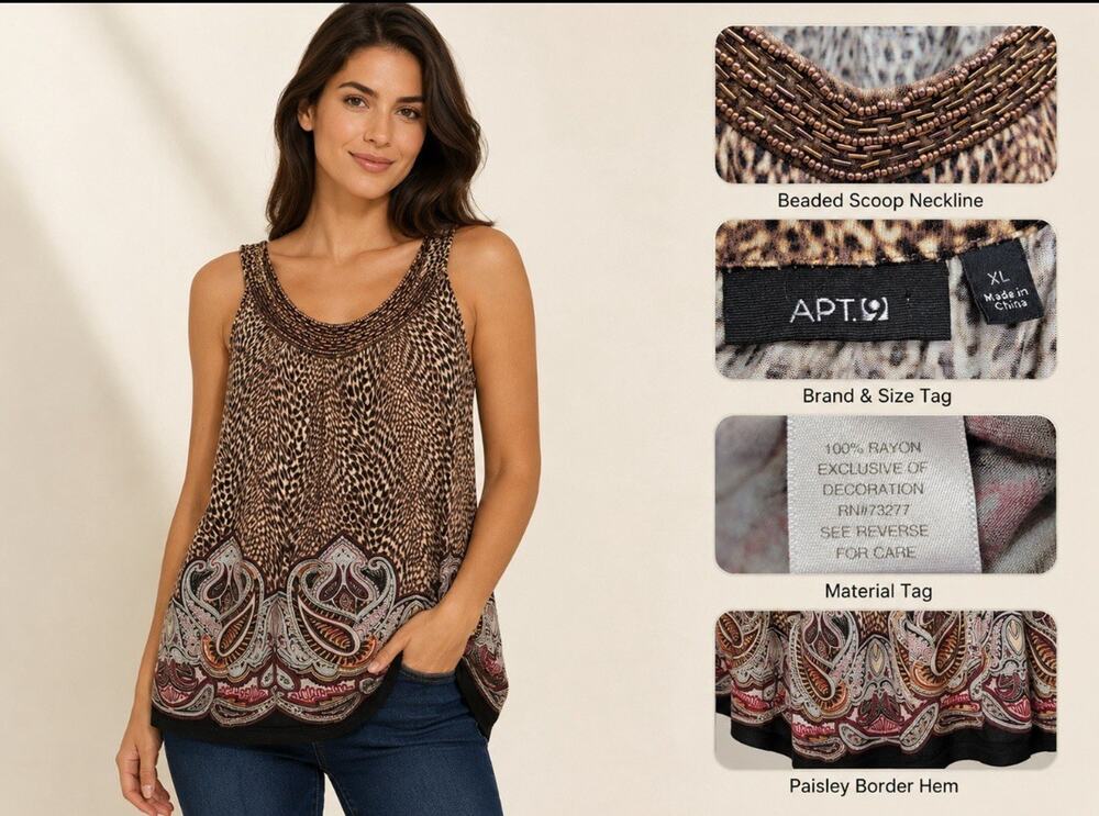 Y2K Indie Sleaze 2000s APT. 9 Beaded Tank Top Size XLarge Leopard Paisley Print
